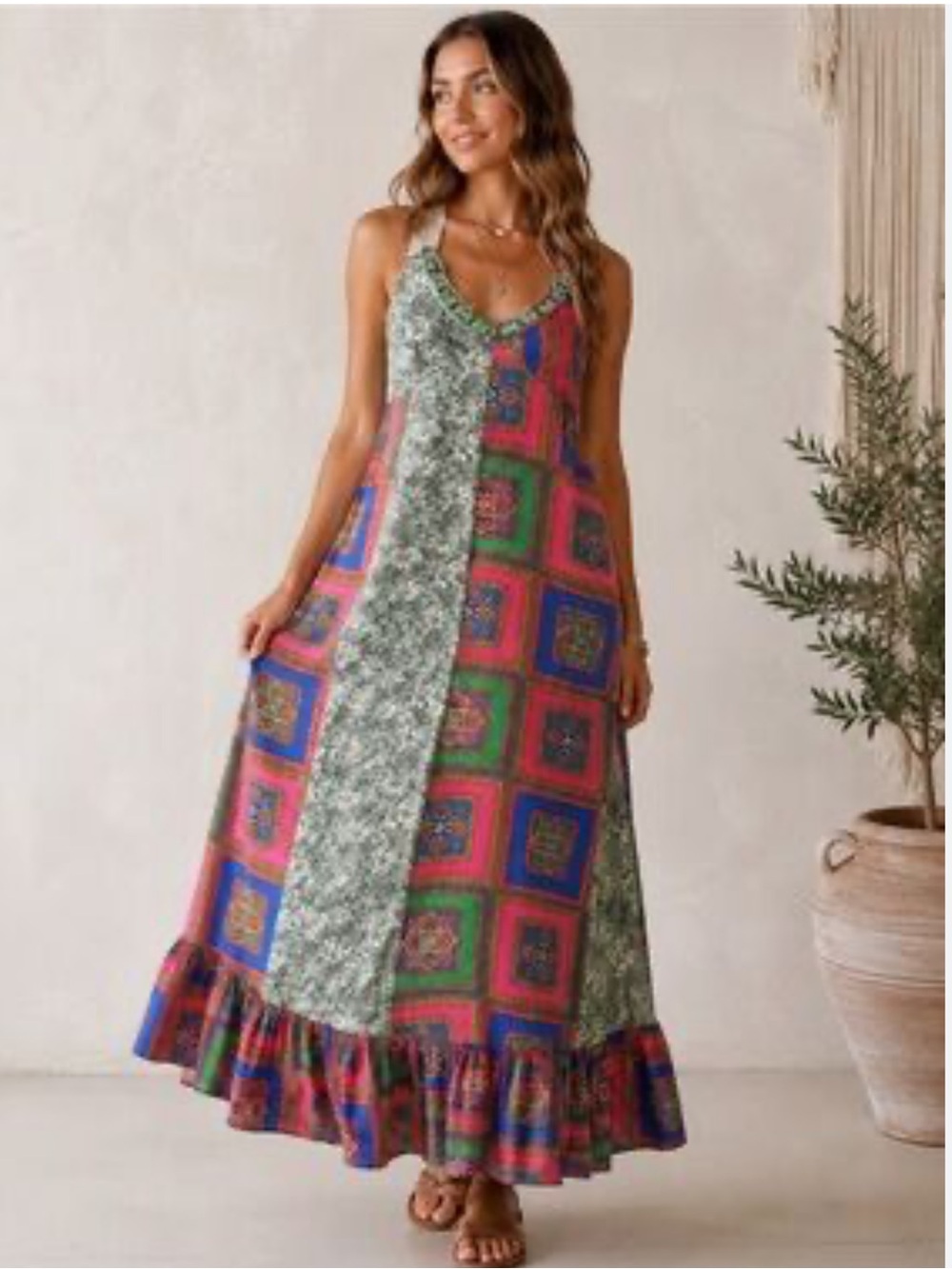 NWT: Natural Life Fiona Beaded Detail Mixed Patchwork Lace Back Maxi Dress• L